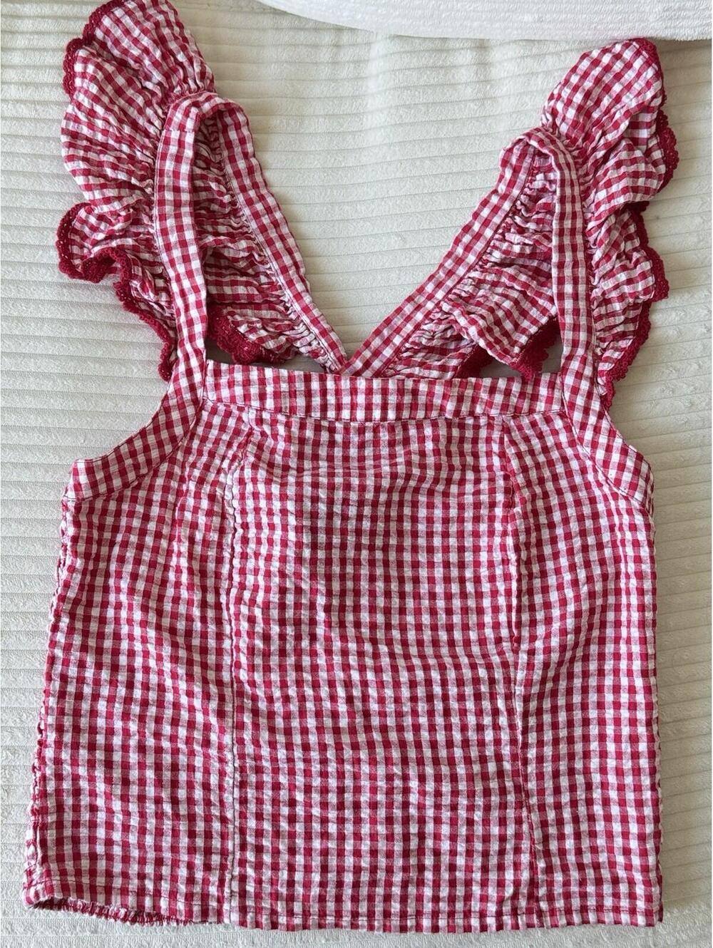 Broadway 38 Gingham Smocked Crop Top M Pink White Check Ruffle Strap Cottagecore - Picture 7 of 9